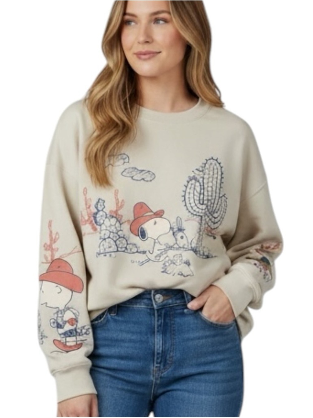 NWT Peanuts Cream Crewneck Sweater with Snoopy Desert Graphic Oversize Small